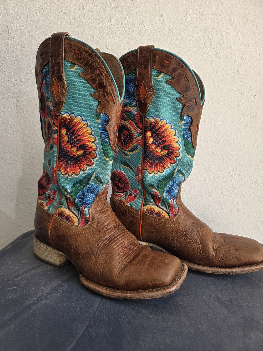 Ariat Brown Leather Wide Square Toe Boots with Turquoise Floral Shaft - Picture 13 of 14